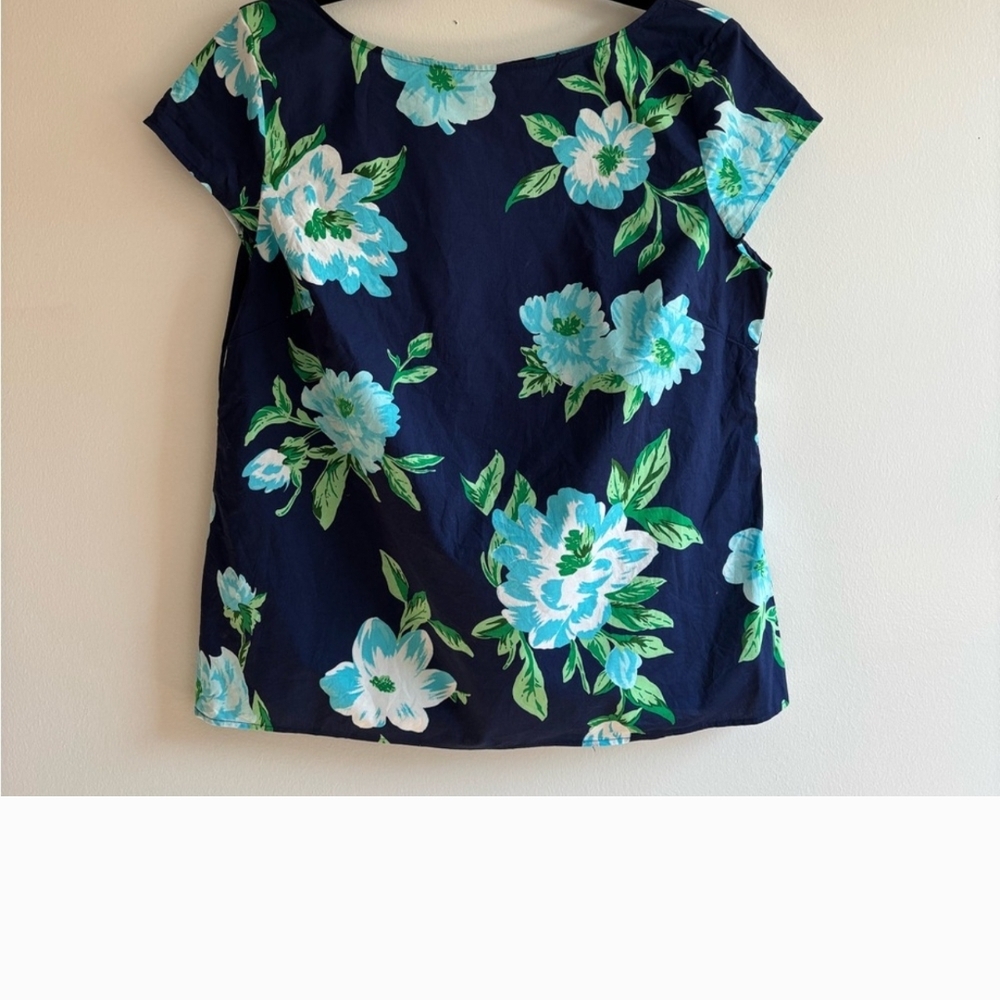 Navy Floral Blouse with Green Accents